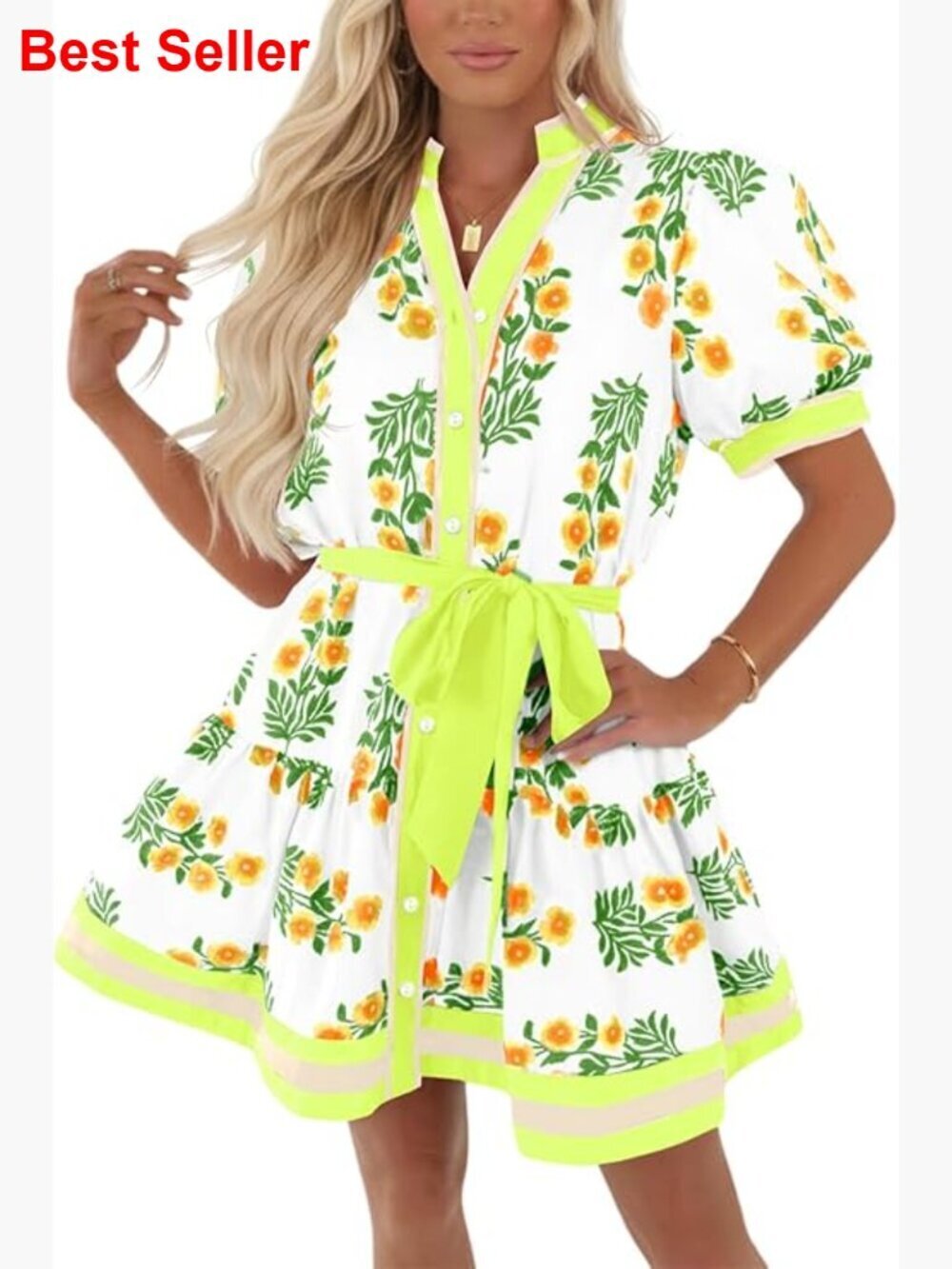 Floral Mini Dress with Puff Sleeves V-Neck Button Down Casual Boho